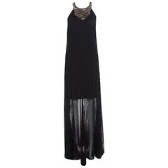 Alice + Olivia Black Chiffon Godet Lace Detail Embellished Lois Maxi Dress M