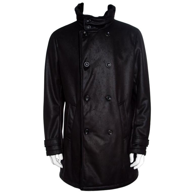 Armani Collezioni Black Faux Leather Shearling Lined Hooded Overcoat ...