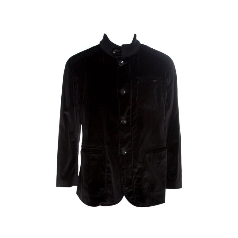 Armani Collezioni Black Velvet Knit Collar Detail Button Front Jacket XXXL