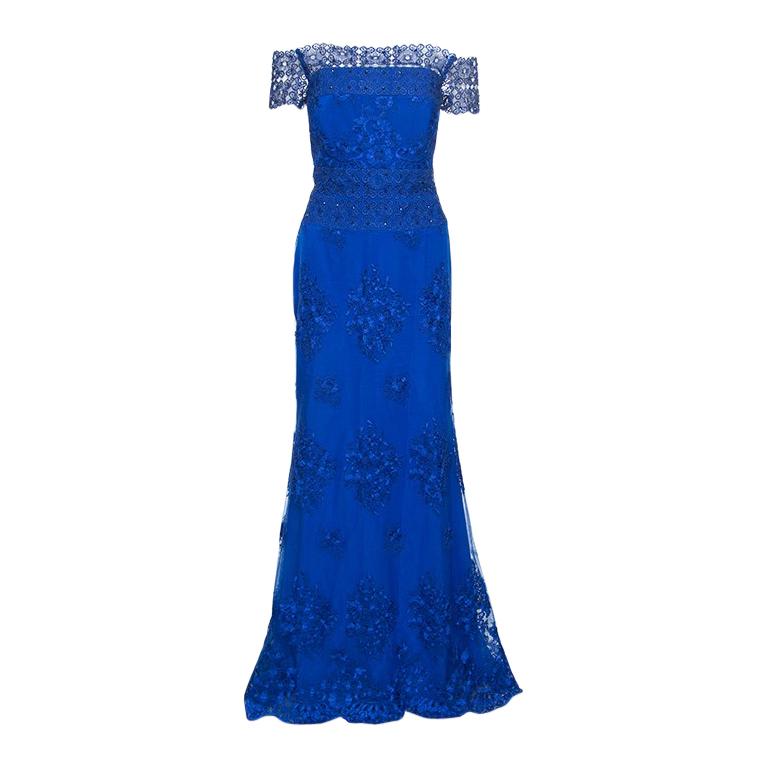 Badgley Mischka Cobalt Blue Floral Embroidered Tulle Embellished Gown M