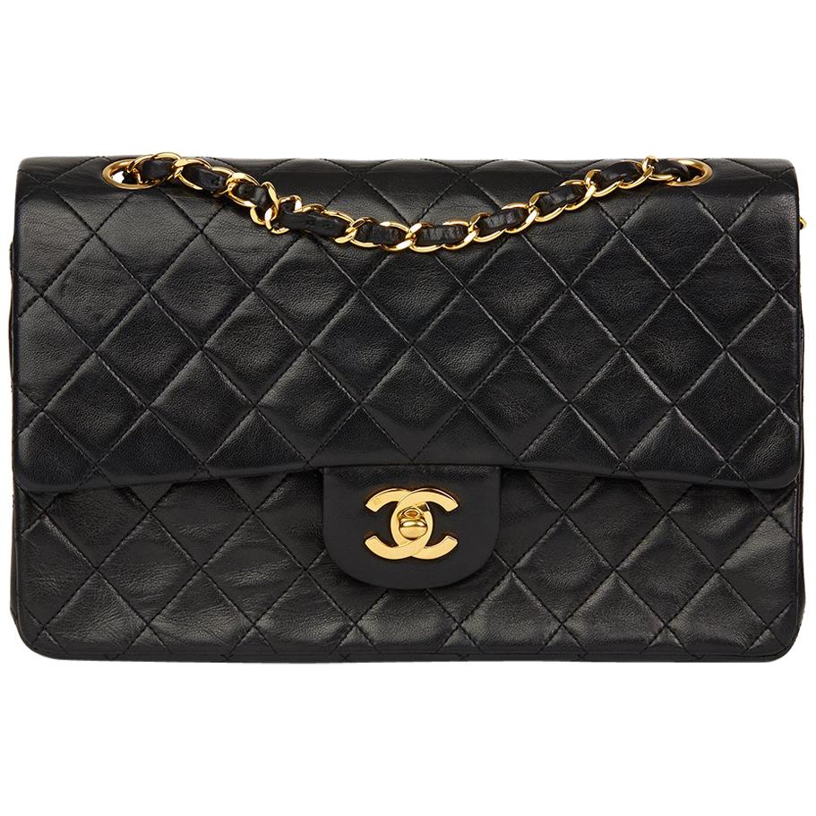 1990 Chanel Black Quilted Lambskin Vintage Medium Classic Double Flap Bag