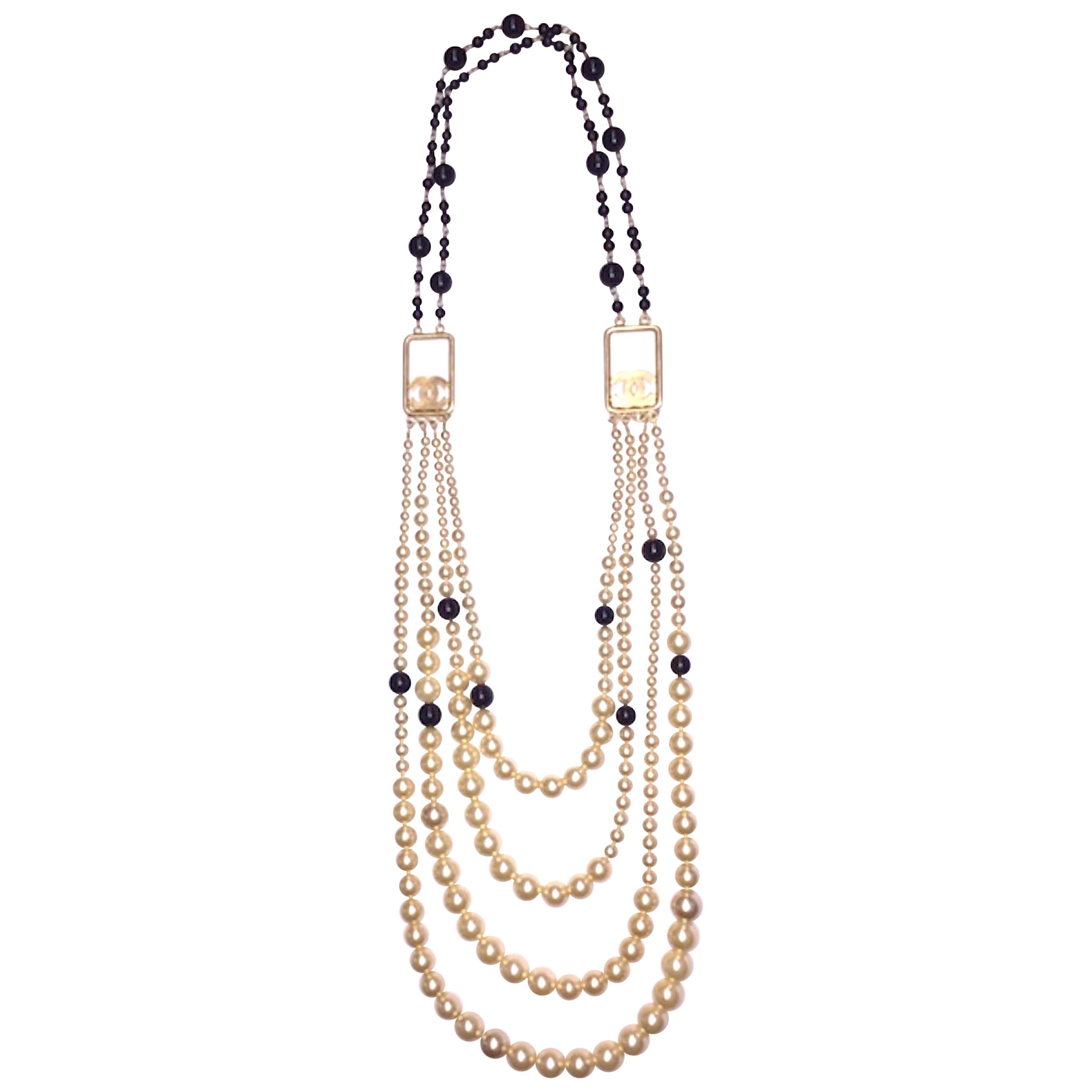 Chanel Graduated 4 Strand Pearl & Black Bead Necklace, Spring 2003 Collection