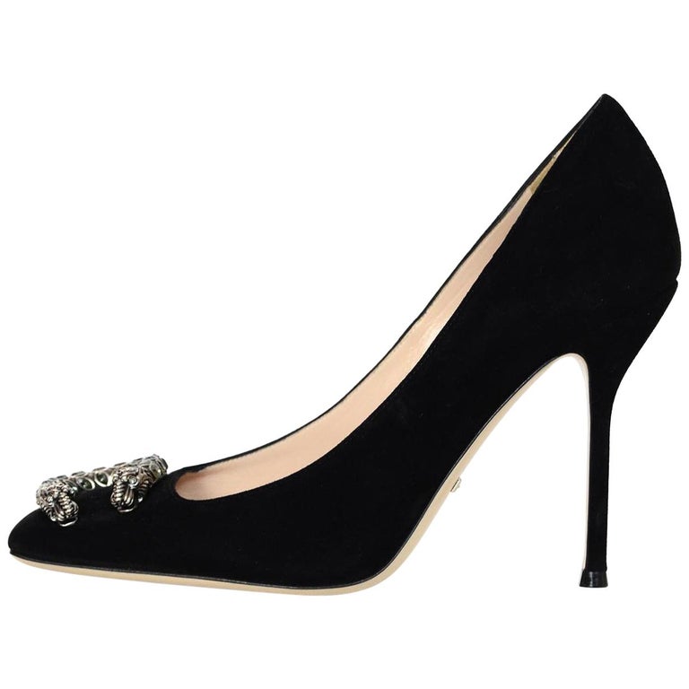 Gucci New Black Suede Dionysus Embellished Square Toe Pumps Sz 37.5 at ...