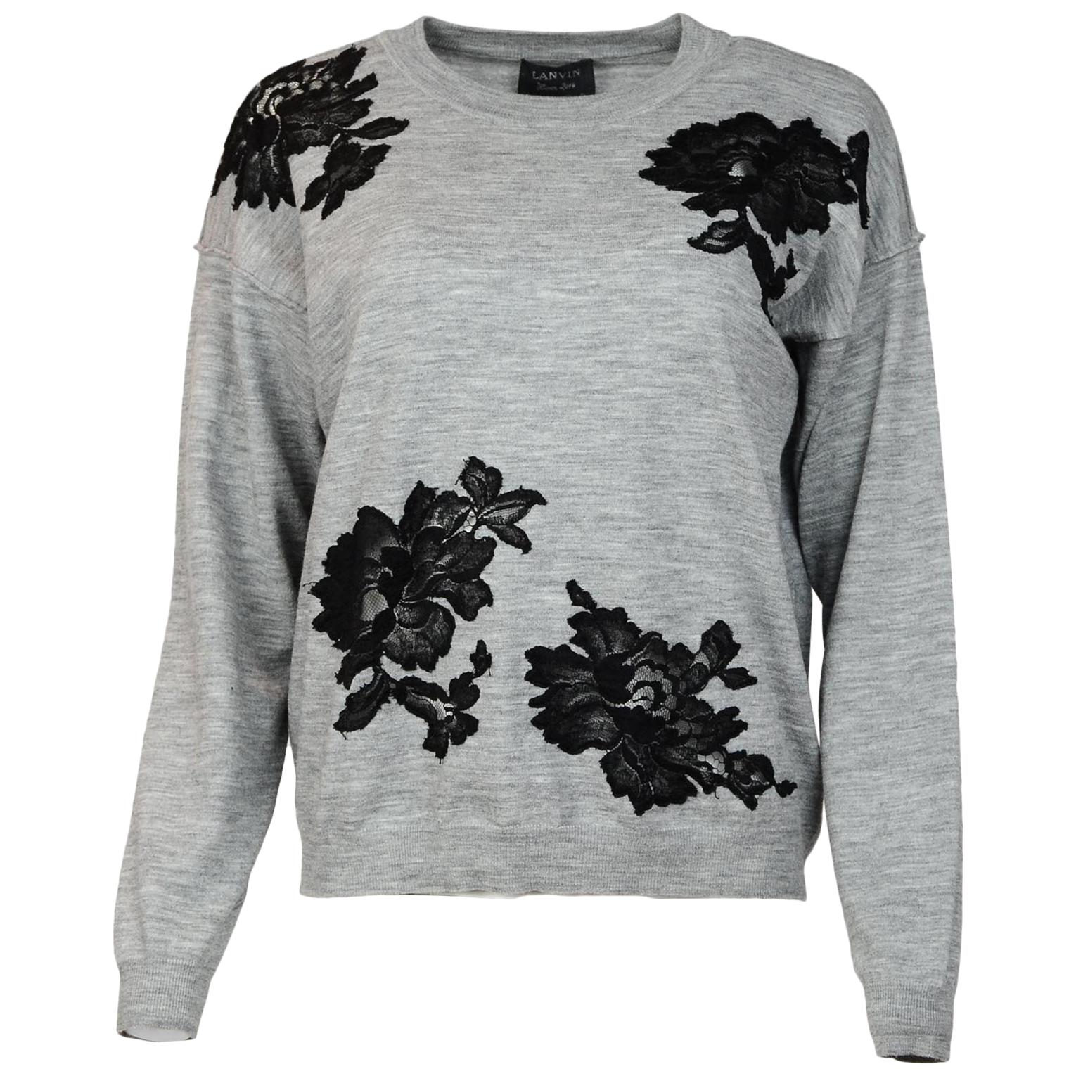 Lanvin Grey Sweater W/ Black Lace Flowers Sz M