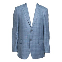 Balmain Blue Checkered Wool and Linen Slim Fit Soft Shoulder Blazer XXL