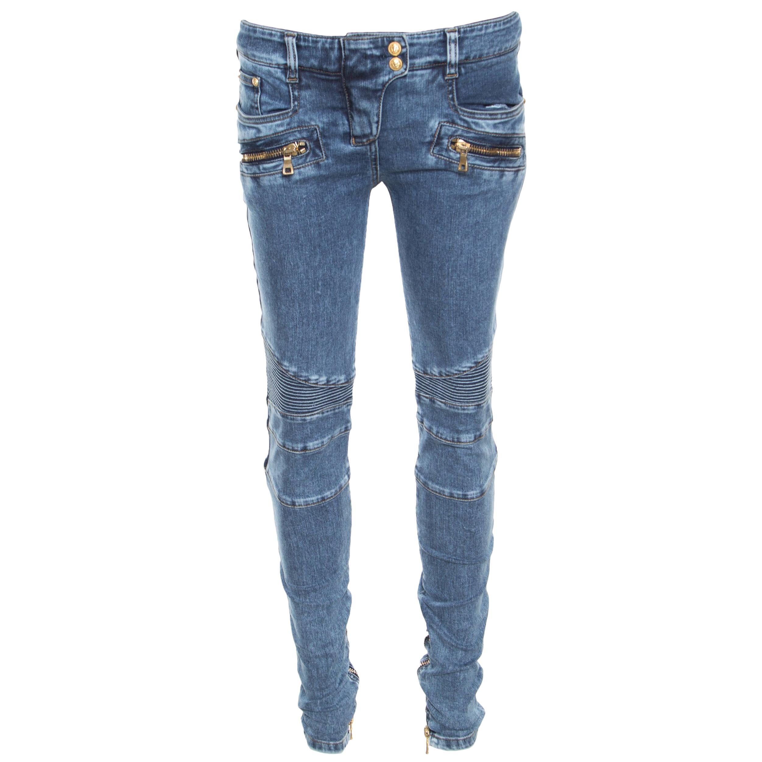 Balmain Indigo Washed Denim Pin-tucked Panel Zip Detail Skinny Biker Jeans S