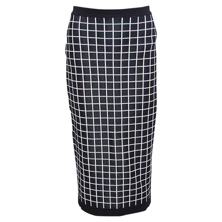 Monochrome Windowpane Checked Knit Midi Pencil Skirt M