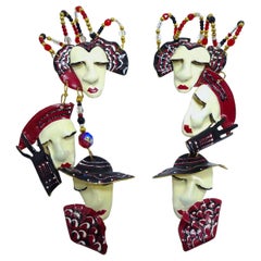 Long Retro Signed “Lunch at the Ritz” Figural Face Dangling Earrings