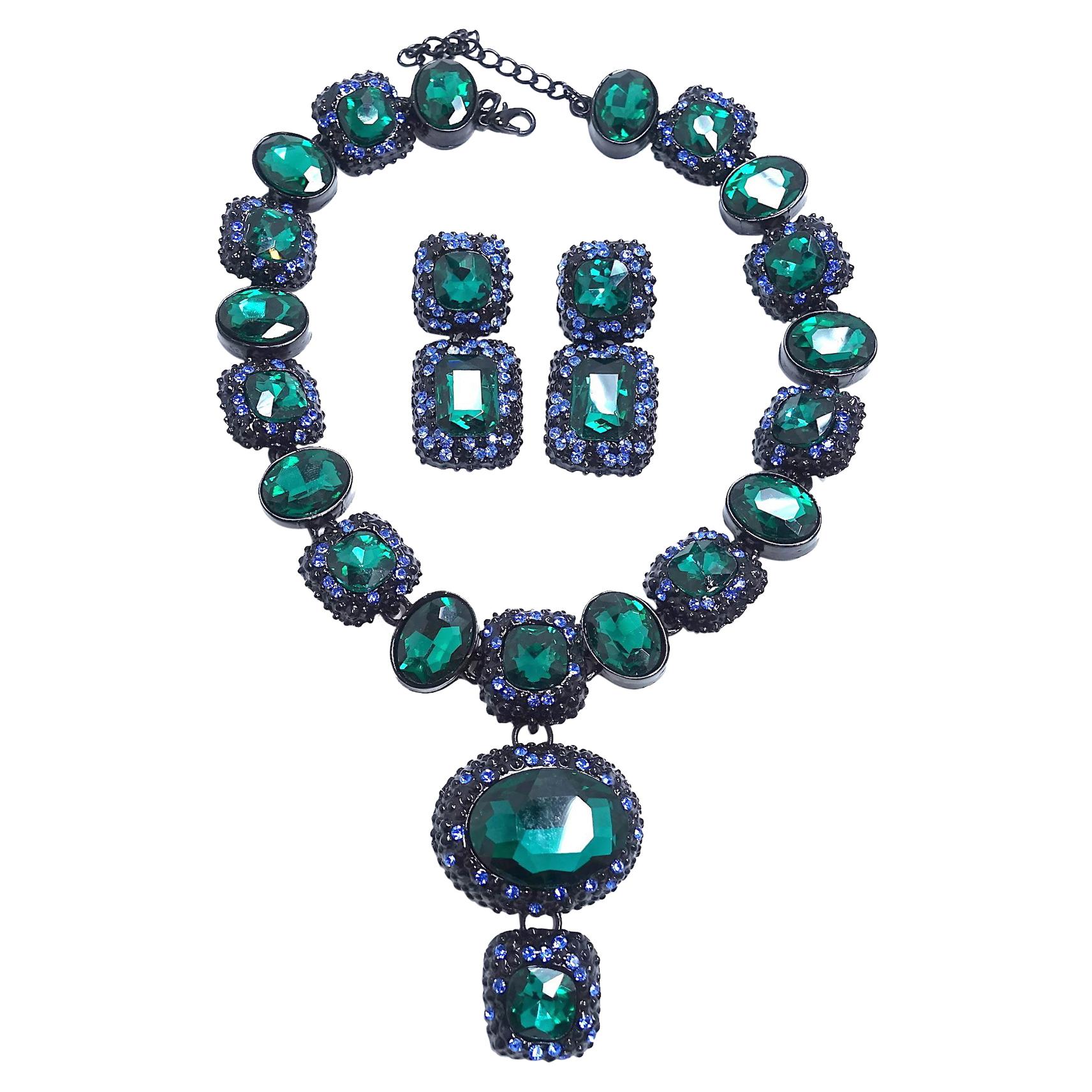 Emerald Green & Blue Crystals Necklace & Earrings Set
