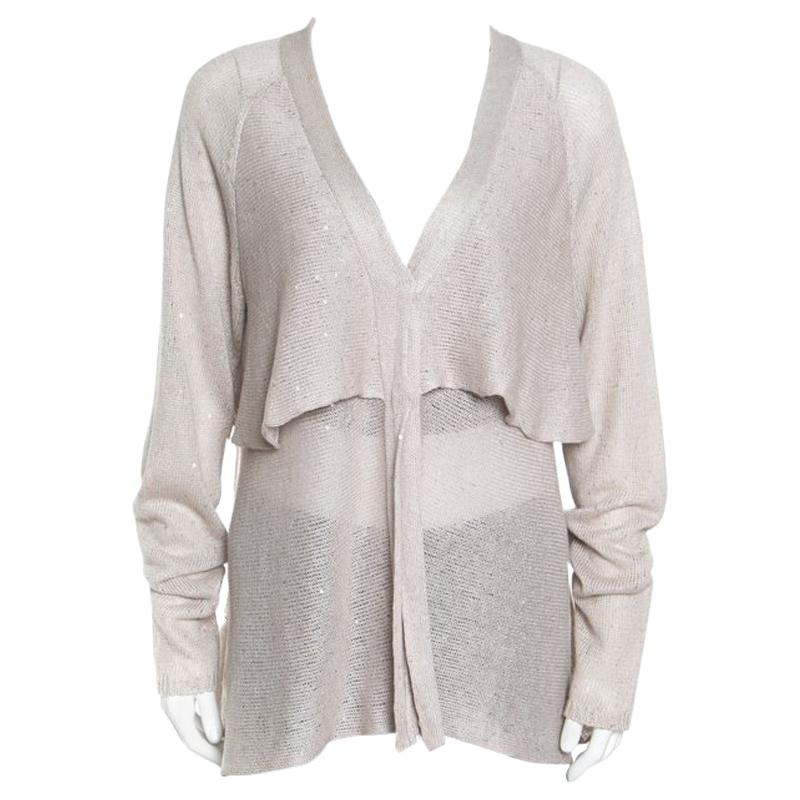Beige Sequined Knit Layered Long Sleeve Cardigan XXL