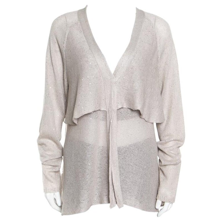 Beige Sequined Knit Layered Long Sleeve Cardigan XXL For Sale at 1stdibs