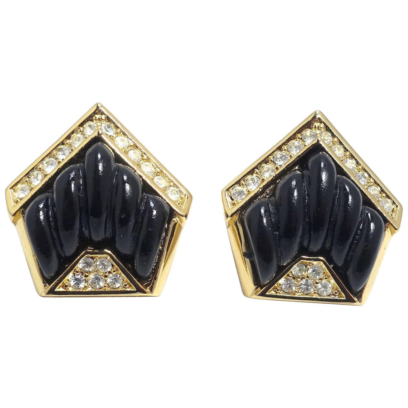 Vintage Black & Clear Crystals Earrings For Sale