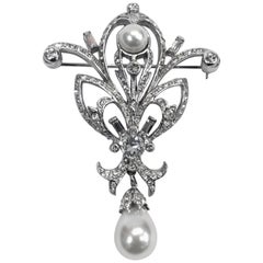 Vintage Signed Reja Faux Pearl & Crystals Dangling Brooch