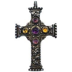 Vintage Signed R. Collins 1991 Amethyst 
Amber Sterling Silver Cross Pendant