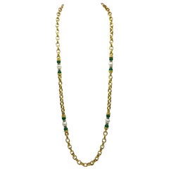 Vintage Long Faux Pearl  & Green Bead Chain Link Rope Sautoir Necklace  