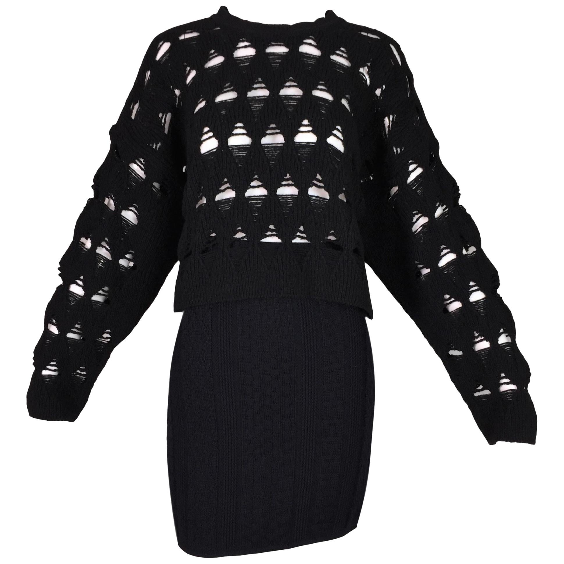 S/S 1994 Gianni Versace Black High Waist Mini Skirt & Cut-Out Knit Crop Sweater 