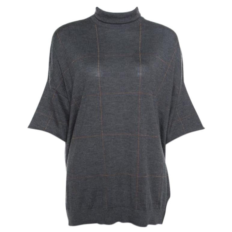 Brunello Cucinelli Grey Cashmere Lurex Knit Drop Shoulder Turtleneck Sweater S