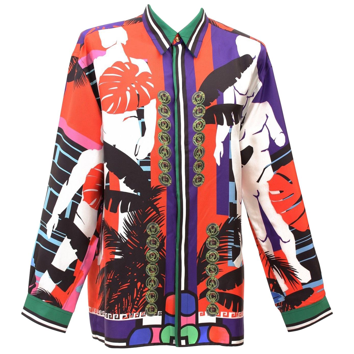  BRAND NEW VERSACE CUBA PRINT 100% SILK SHIRT for MEN For Sale