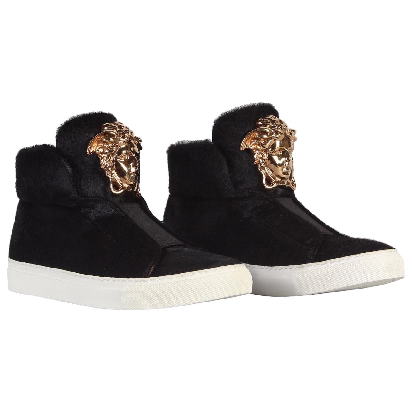 New VERSACE Palazzo Black Calf hair Sneakers with gold Medusa