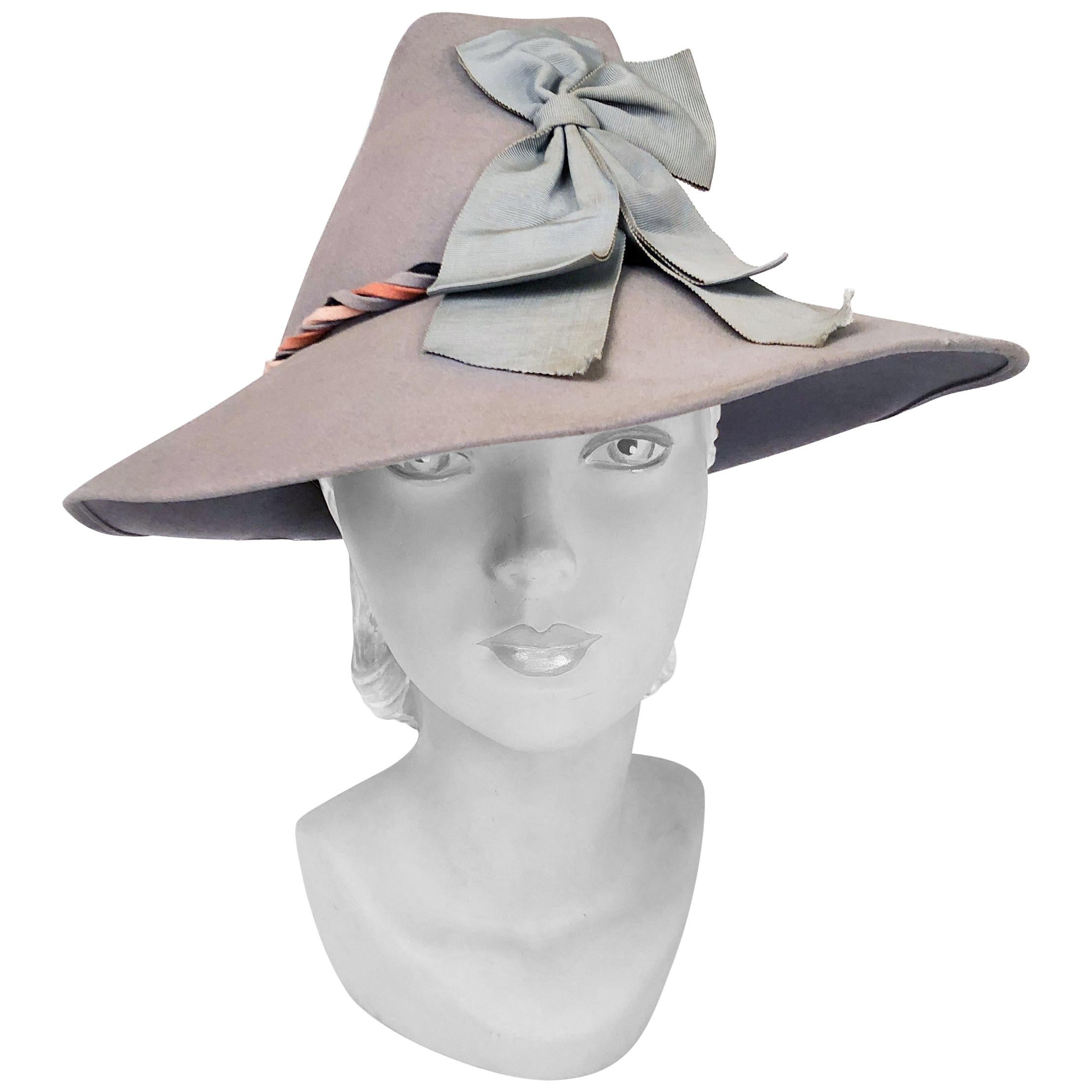 1930s Soft Grey/Blue Fur Felt Hat with Bow