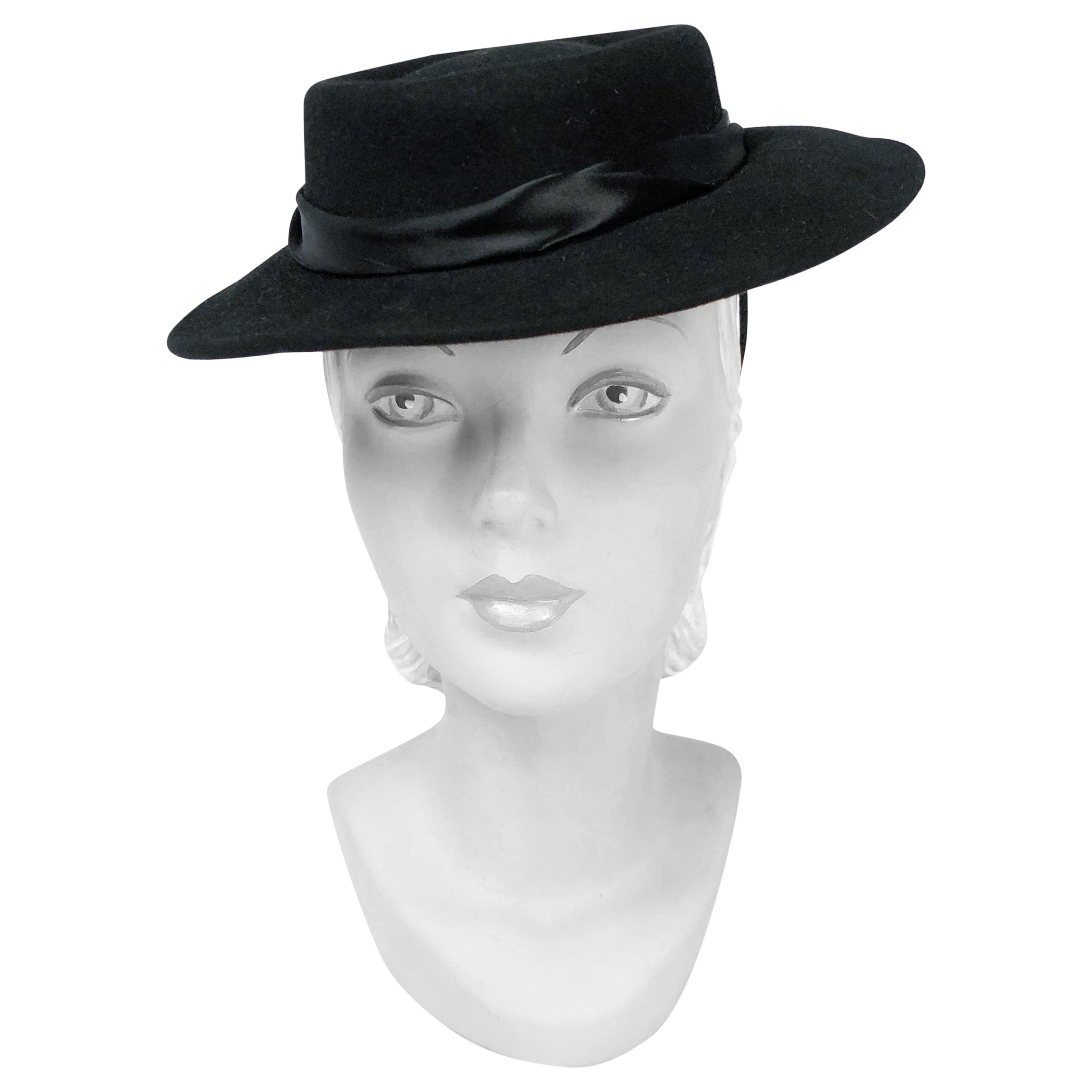 1940s Black Cashmere Hat With Silk Satin Band and Rhinestone Accent For Sale