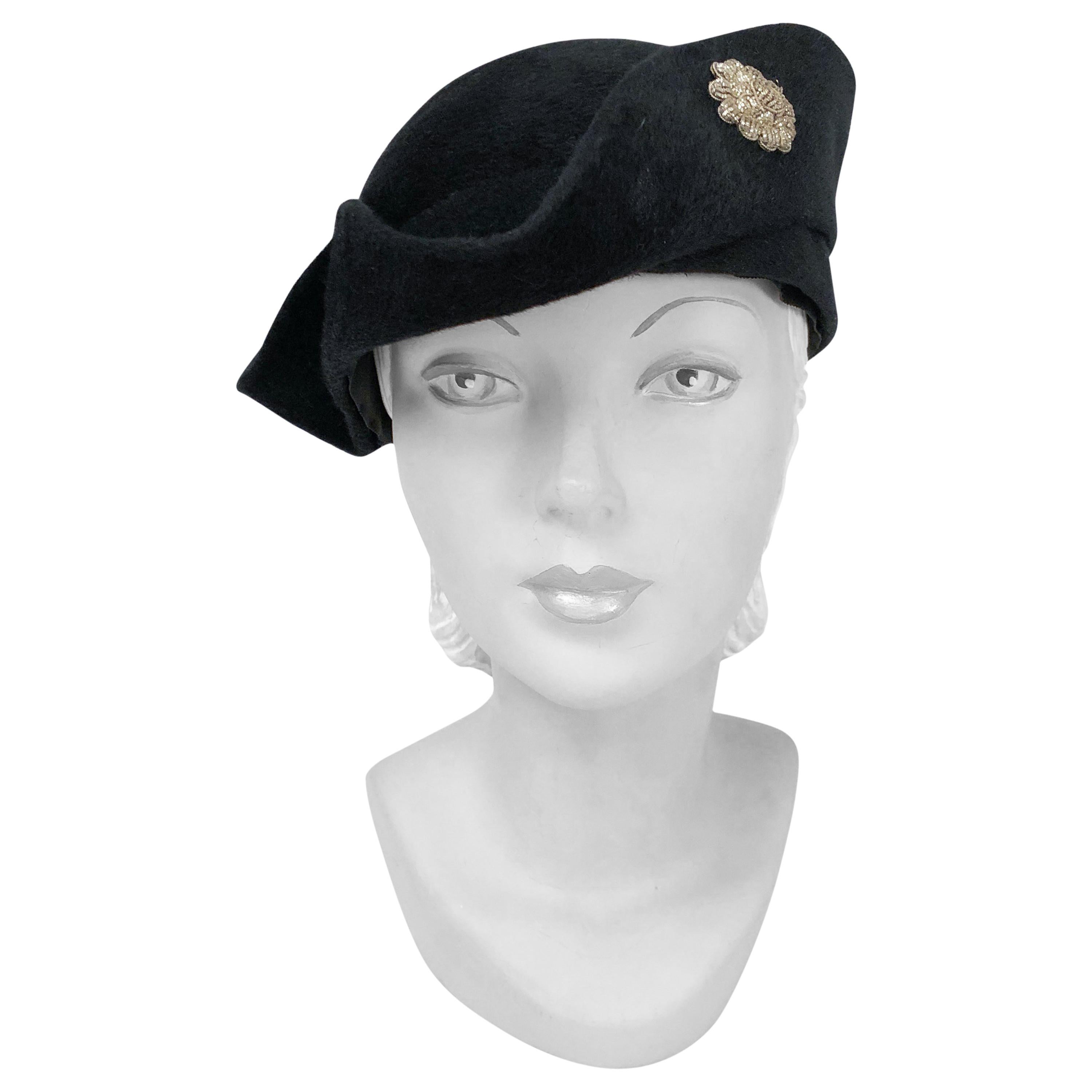 1930s Black Cashmere Felt Pirate Hat with Sterling Silver Accent
