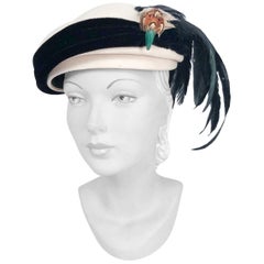 Vintage 1950s Cream Hat with Black Velvet Band and Feathered Bird Accent