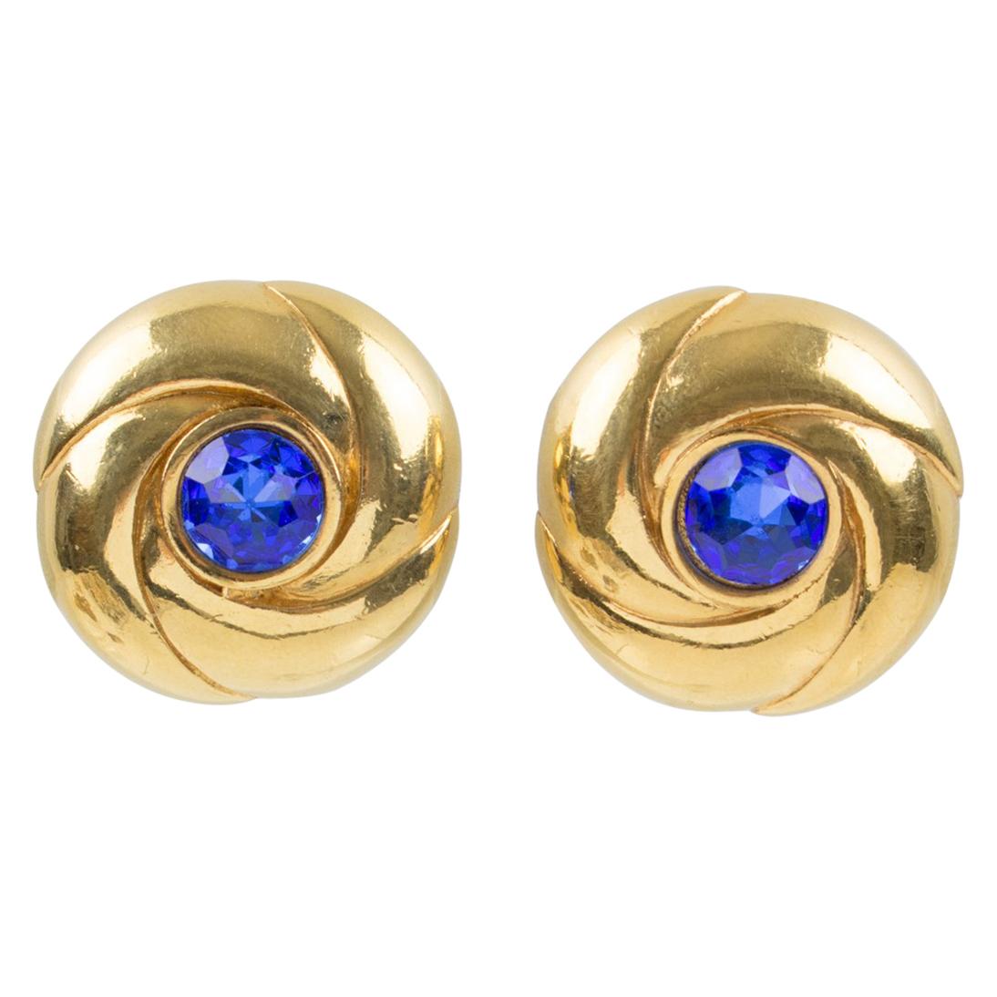 Courreges Paris Signed Gilt Metal and Blue Rhinestone Clip on Earrings  