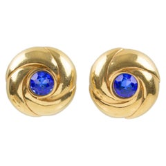 Courreges Paris Signed Gilt Metal and Blue Rhinestone Clip on Earrings