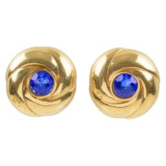 Courreges Paris Signed Gilt Metal and Blue Rhinestone Clip on Earrings  