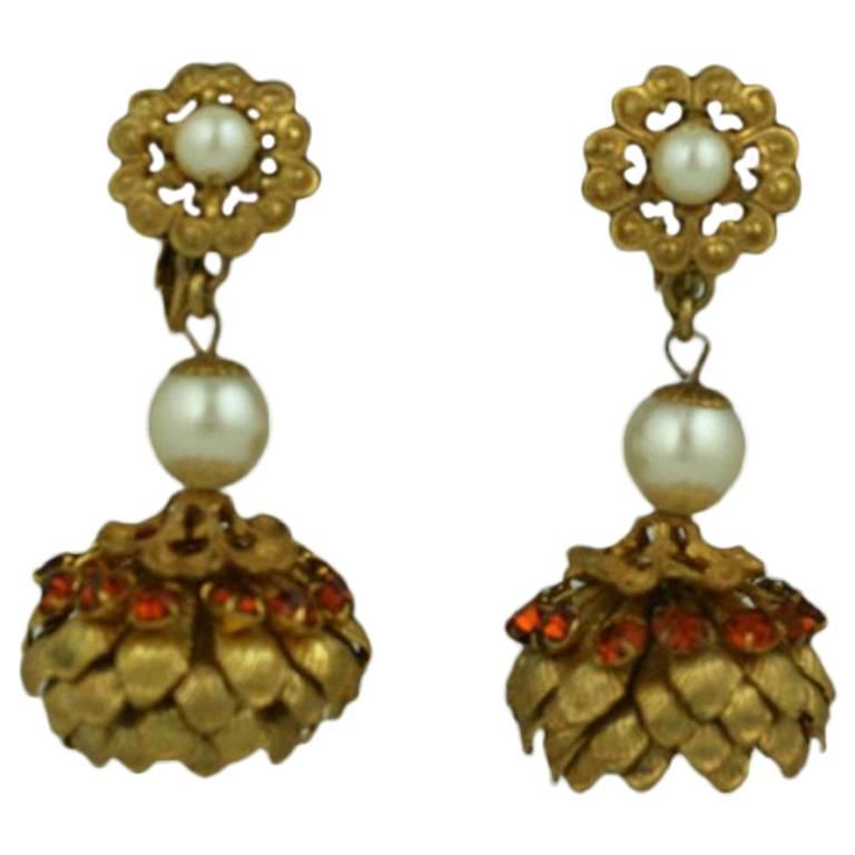 Miriam Haskell Gilt Filigree Cap and Pearl Earrings For Sale