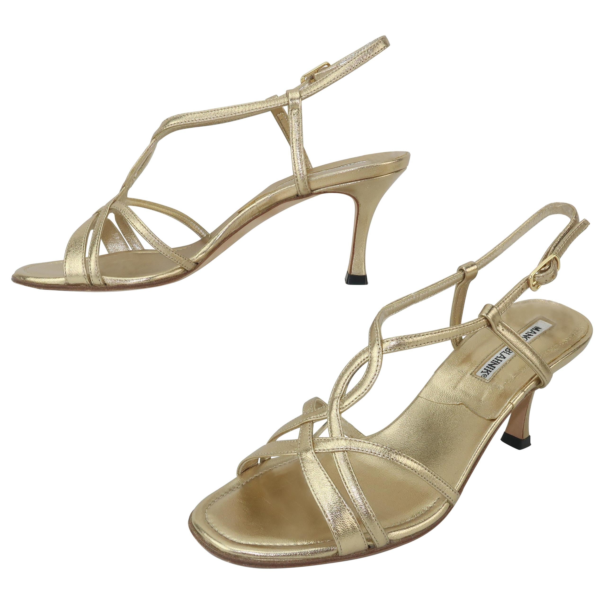 Manolo Blahnik Gold Leather Strappy Sandal Shoes Sz 37