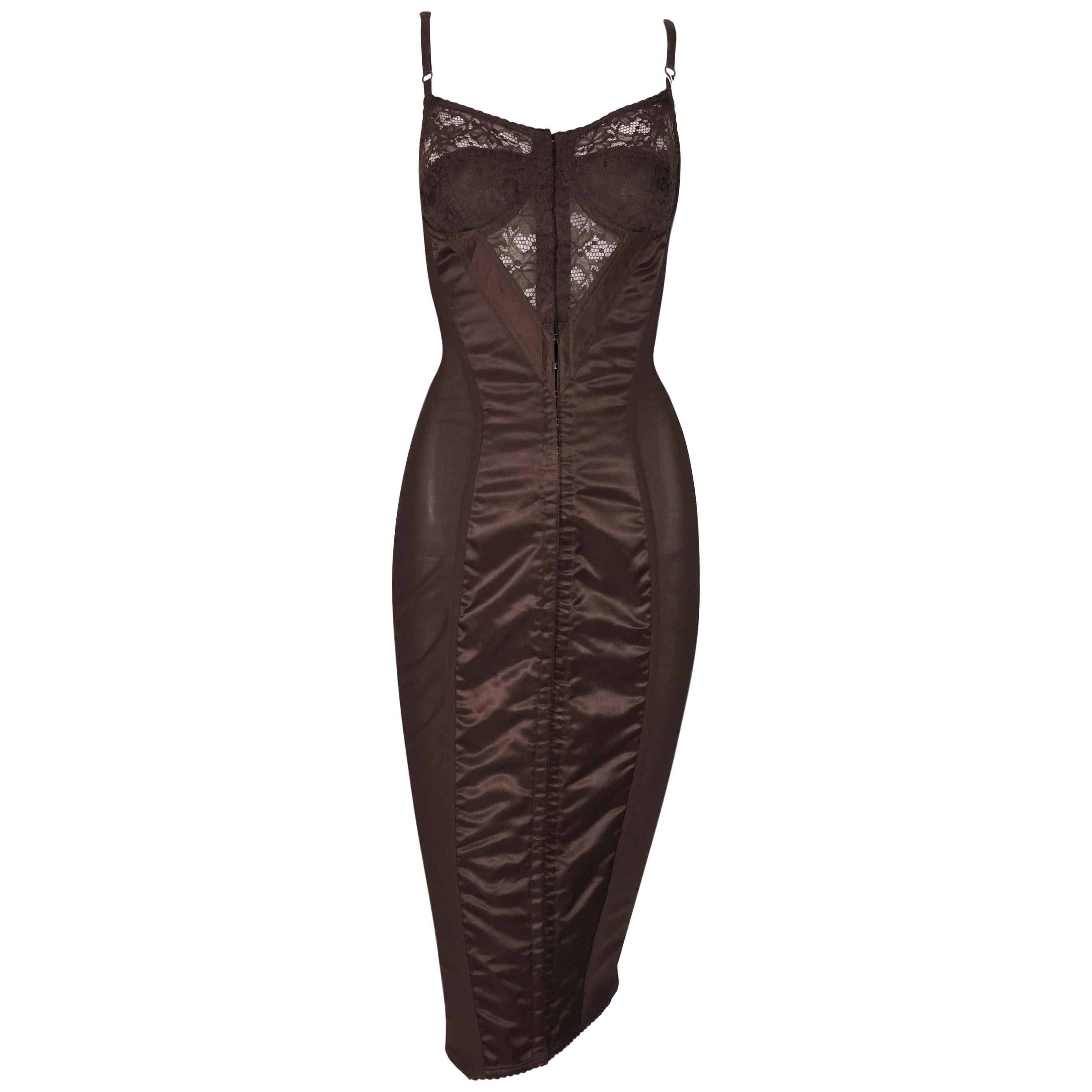 F/W 1996 Dolce 
Gabbana Brown Sheer Lace Pin-Up Corset Wiggle Dress