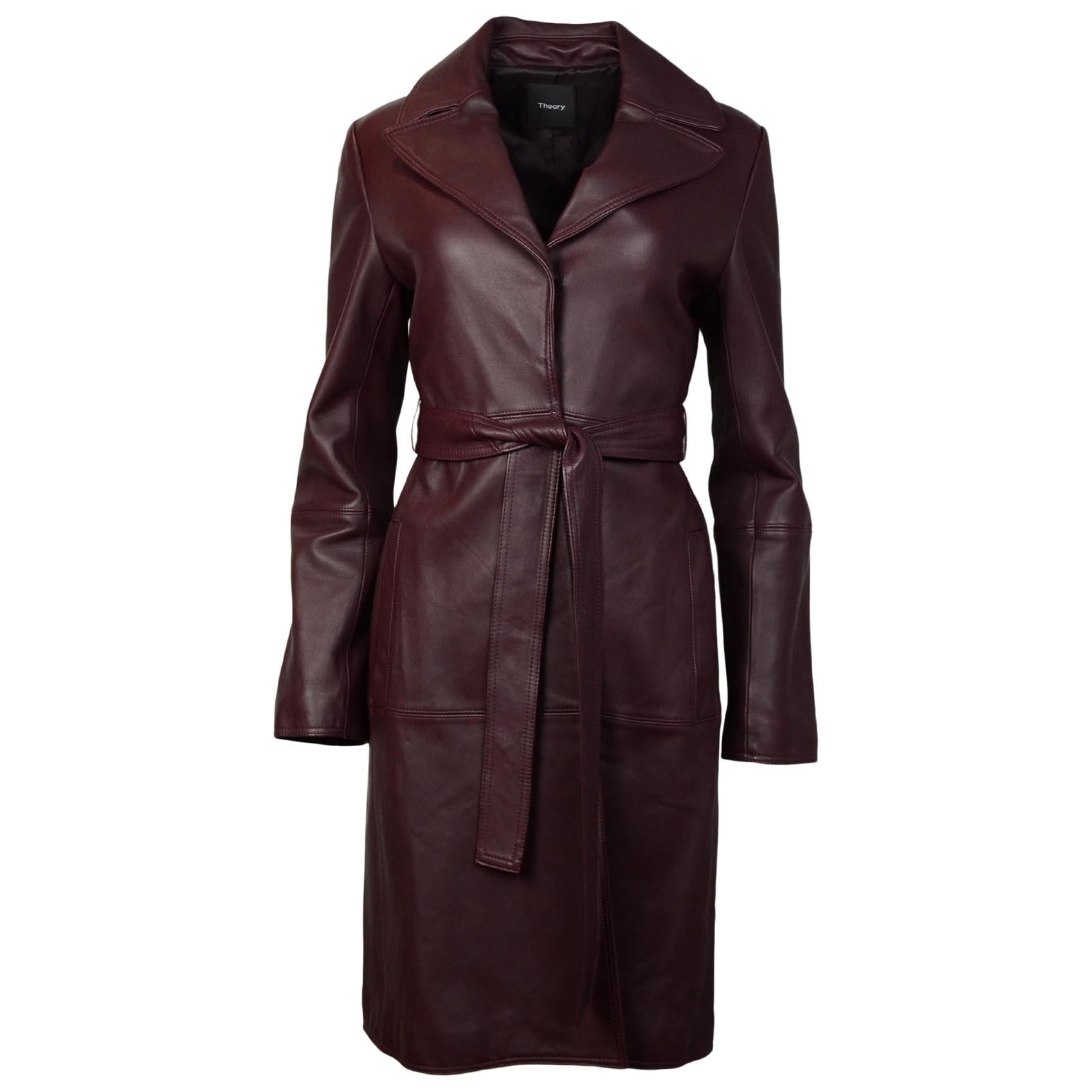 Theory Burgundy Leather Coat W/ Belt Sz M