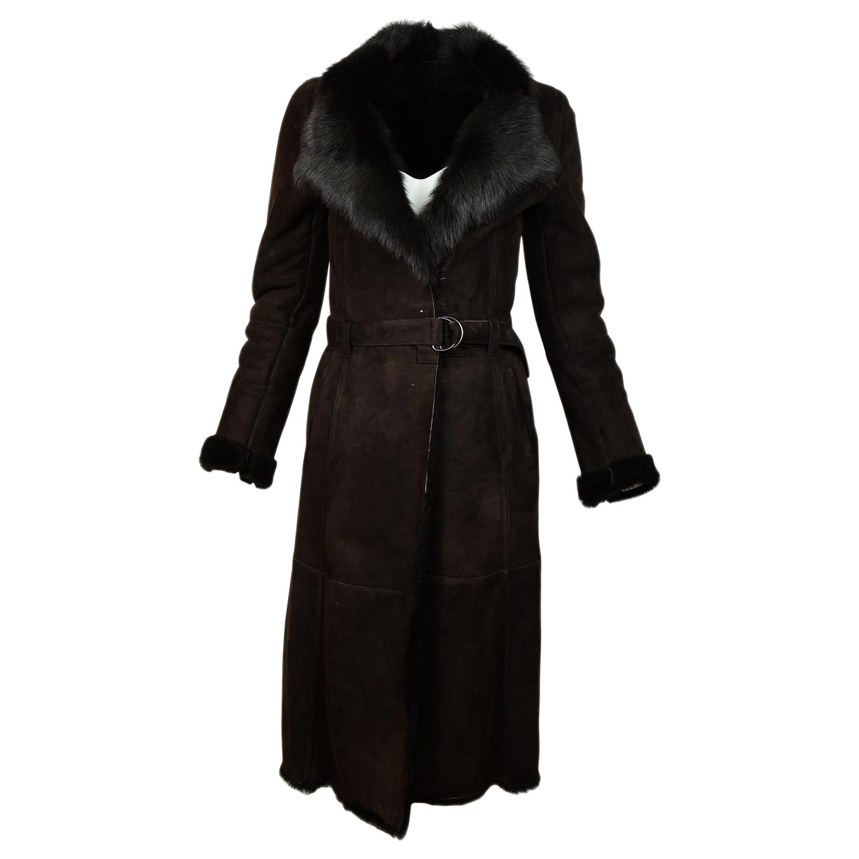 Joseph Brown Shearling/Suede Coat W/ Belt Sz 36 For Sale at 1stDibs