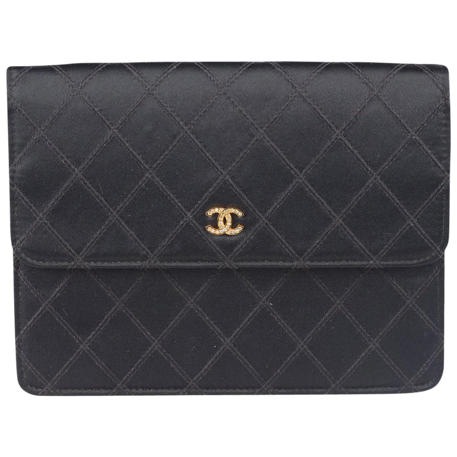 Chanel Vintage Black Quilted Satin Clutch Evening Bag with Rhinestones