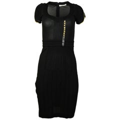 Prada Black Short Sleeve Dress W/ Pin Pleats & Gold Leather Trim Sz 38