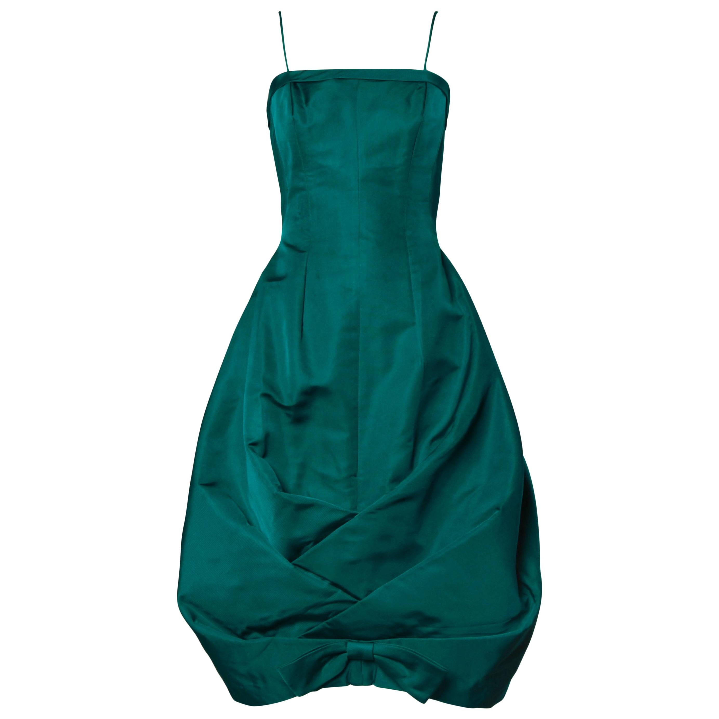 1950s Suzy Perette Vintage Green Silk Cocktail Dress with an Origami Bubble Hem