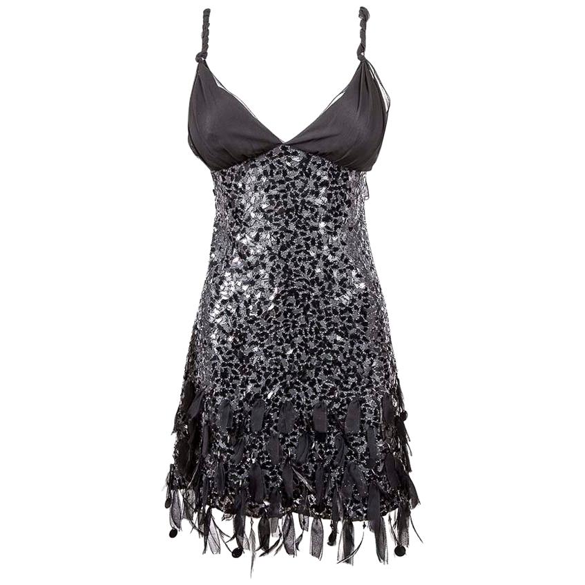 JENNY PACKHAM Cocktail Dress in Black Silk with Sequins and Feathers Size 10UK