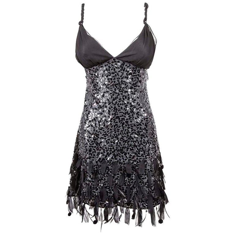 JENNY PACKHAM Cocktail Dress in Black Silk with Sequins and Feathers ...