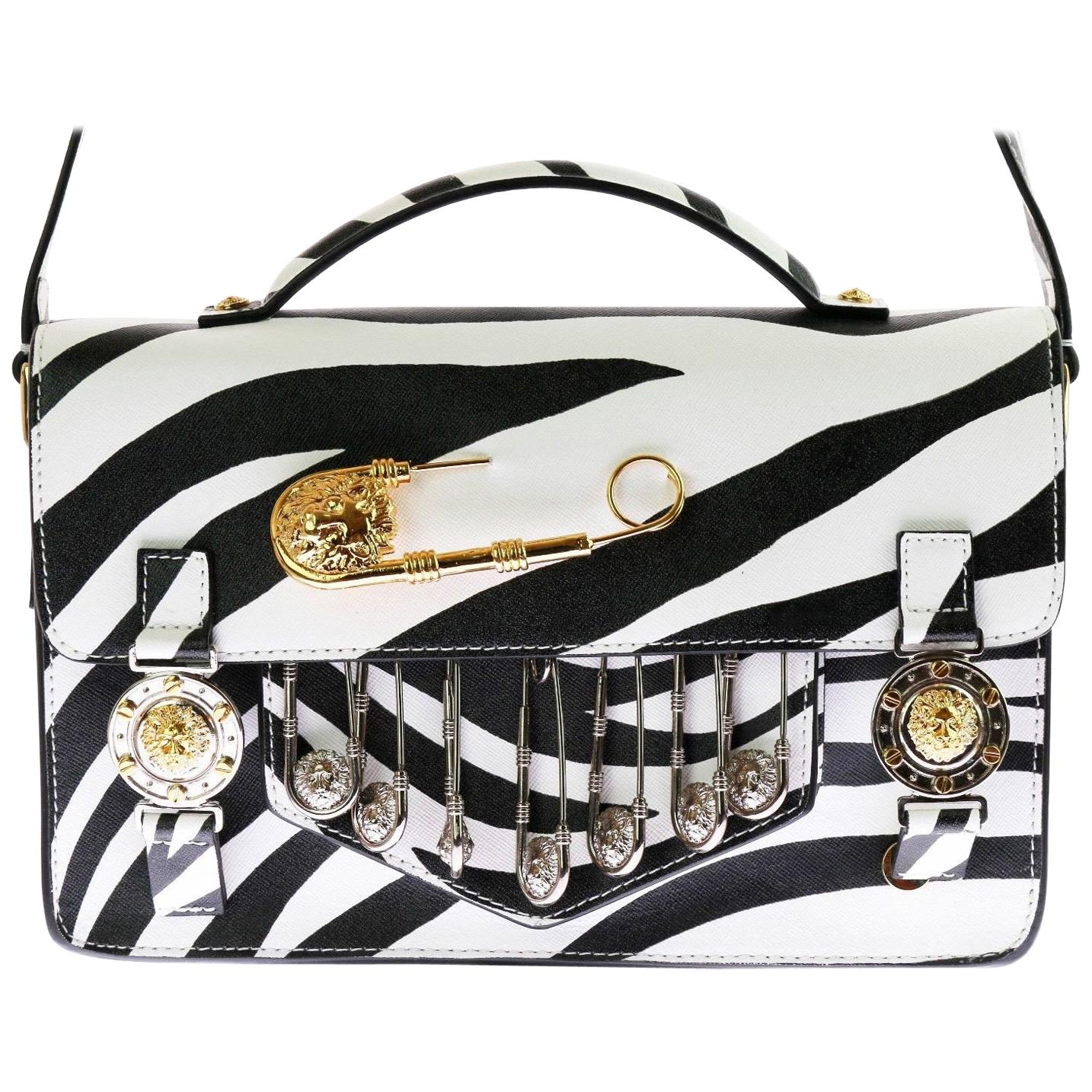 VERSUS VERSACE Safety Pin Embellished Zebra print Saffiano Leather School Bag