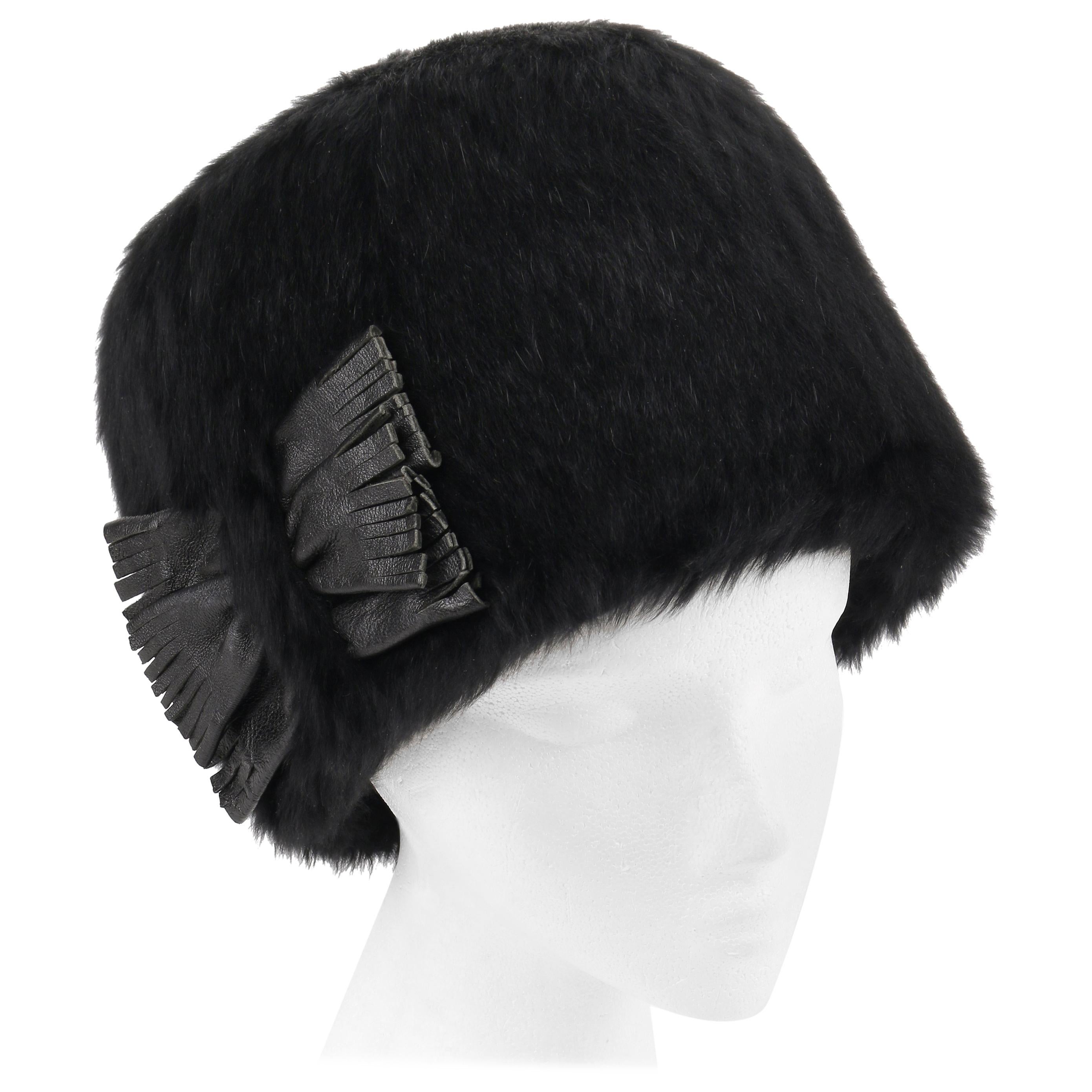 YVES SAINT LAURENT c.1960's YSL Black Angora Fur Leather Bow Cossack Hat