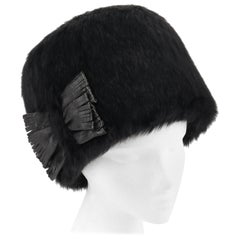 Vintage YVES SAINT LAURENT c.1960's YSL Black Angora Fur Leather Bow Cossack Hat