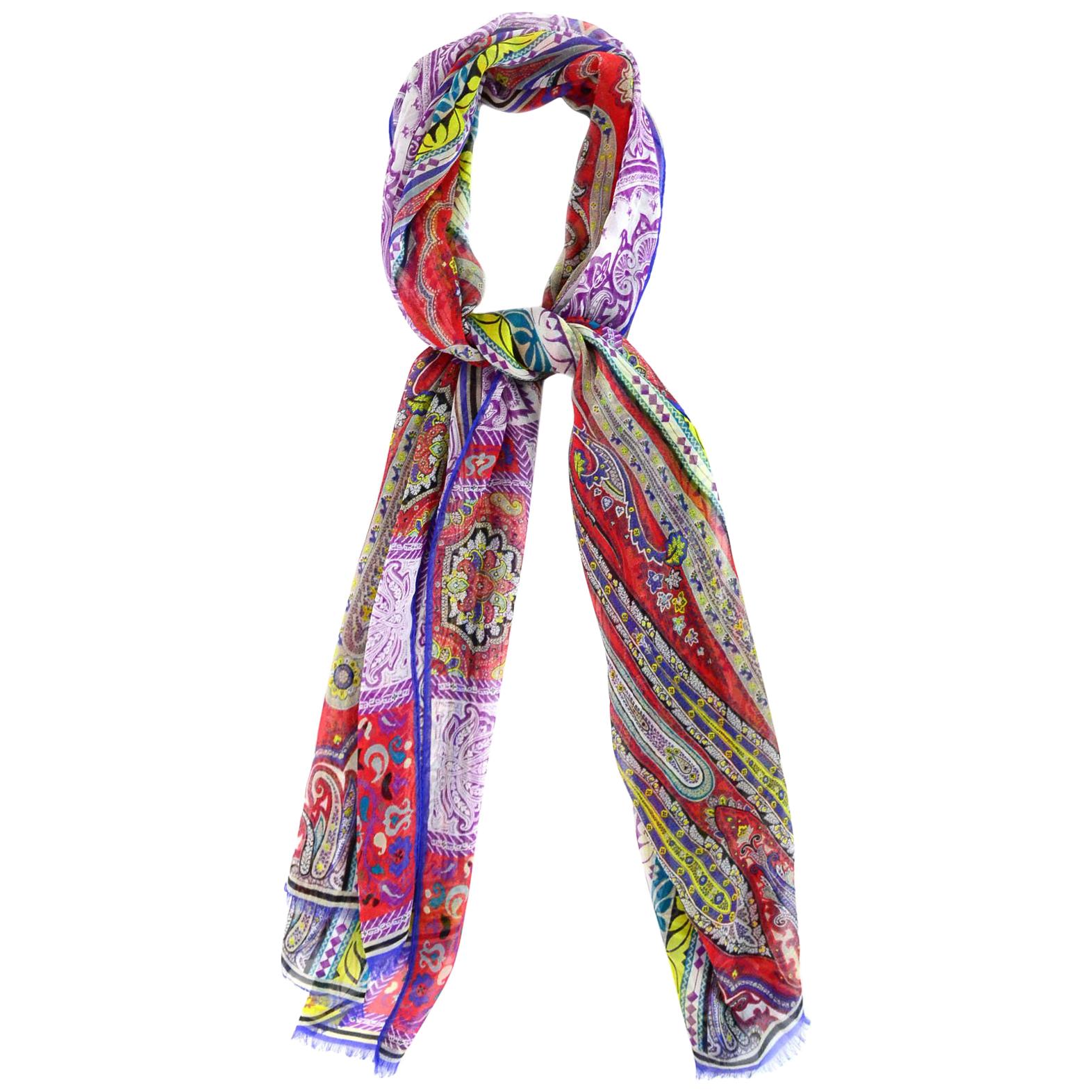 Etro Multi-Color Sheer Silk Paisley Print Scarf For Sale