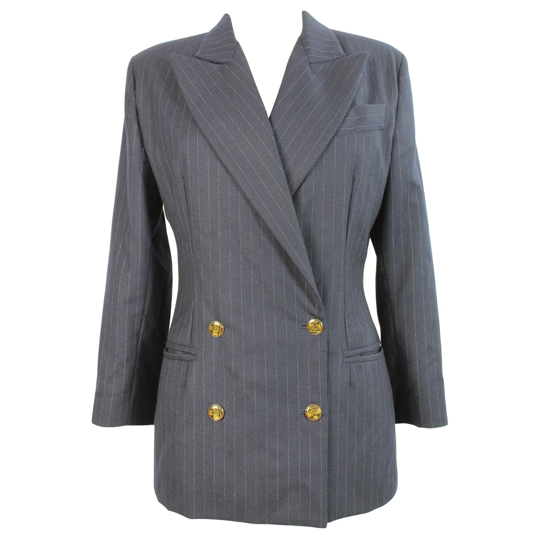 1980s Valentino Atelier Blue Gray Wool Pinstripe Double Breasted Jacket