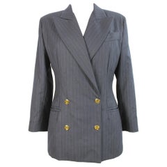 1980s Valentino Atelier Blue Gray Wool Pinstripe Double Breasted Jacket