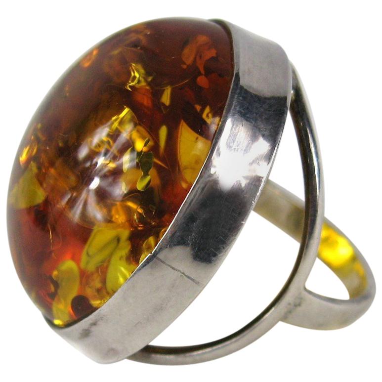 Oversized Round Baltic Amber Sterling Silver Ring  For Sale