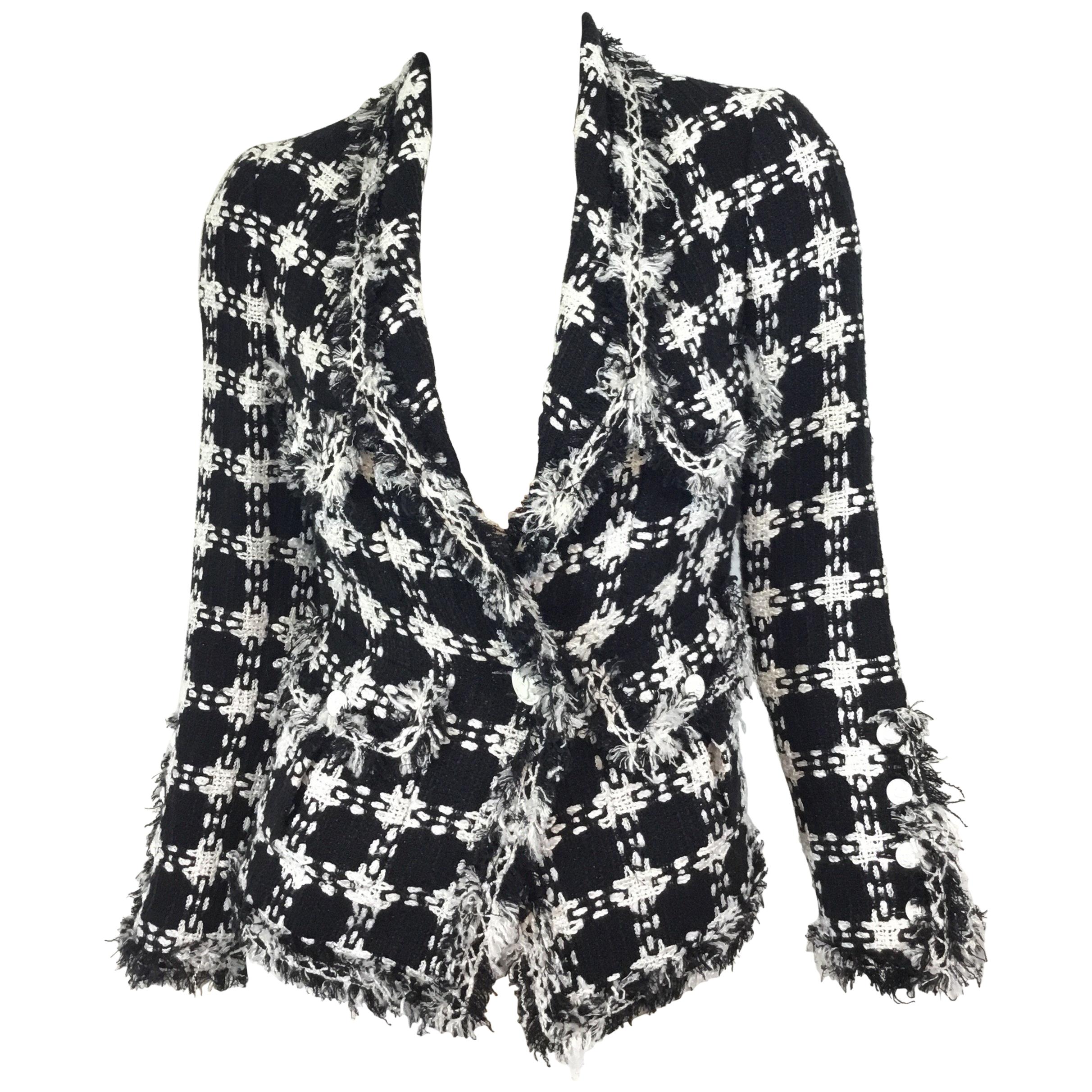 Chanel 07 P Black & White Tweed Jacket with Fringe