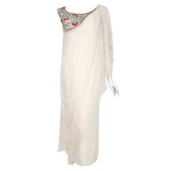 1960's Mr. Blackwell Beaded Jeweled Ivory Chiffon Draped Grecian Goddess Gown