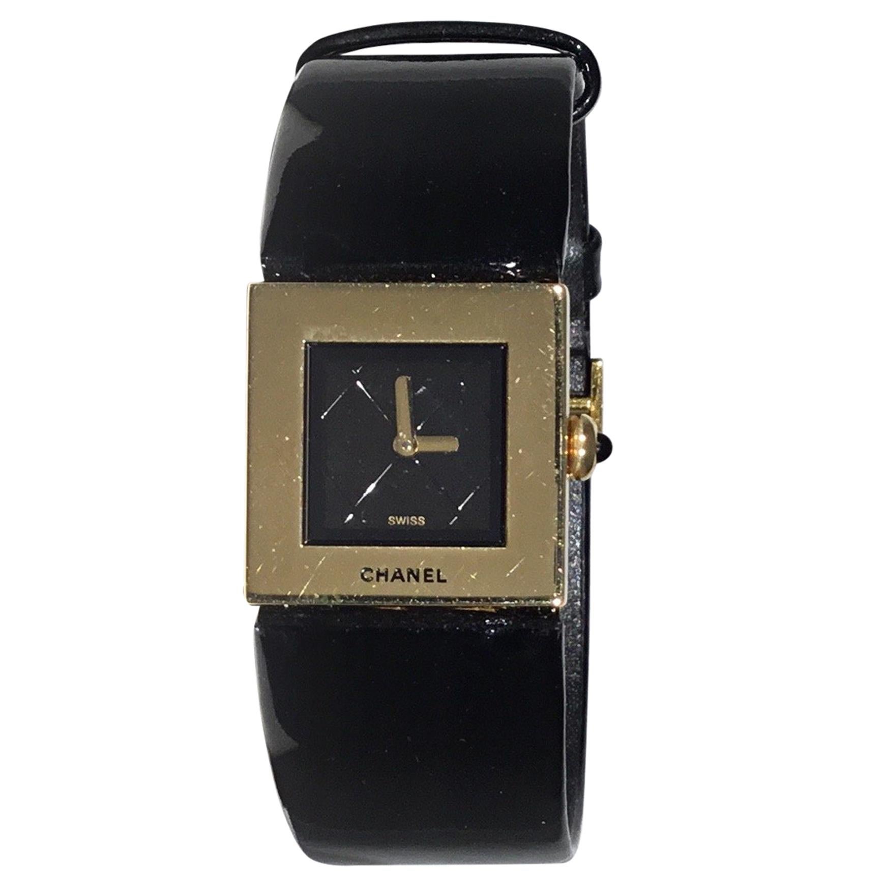 Chanel 18k Gold Matelassé Watch w/ Patent Leather Band